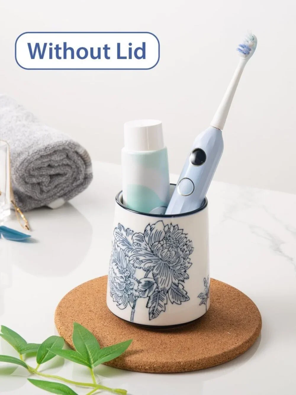 Ceramic Toothbrush Holder for Bathroom, Chinoiserie Makeup Brush Cup, Floral
